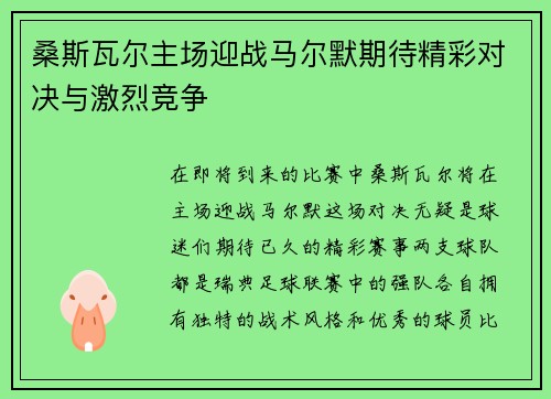 桑斯瓦尔主场迎战马尔默期待精彩对决与激烈竞争